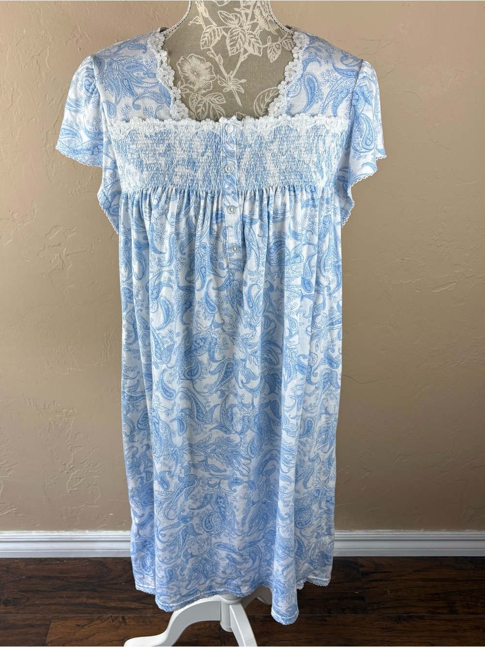 Miss Elaine Blue White Paisley Print Short Sleeve Knit Nightie Gown Womens Large